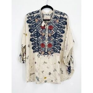 Biya Johnny Was Silk Embroidered Floral Blouse Cream Blue Boho Top Medium